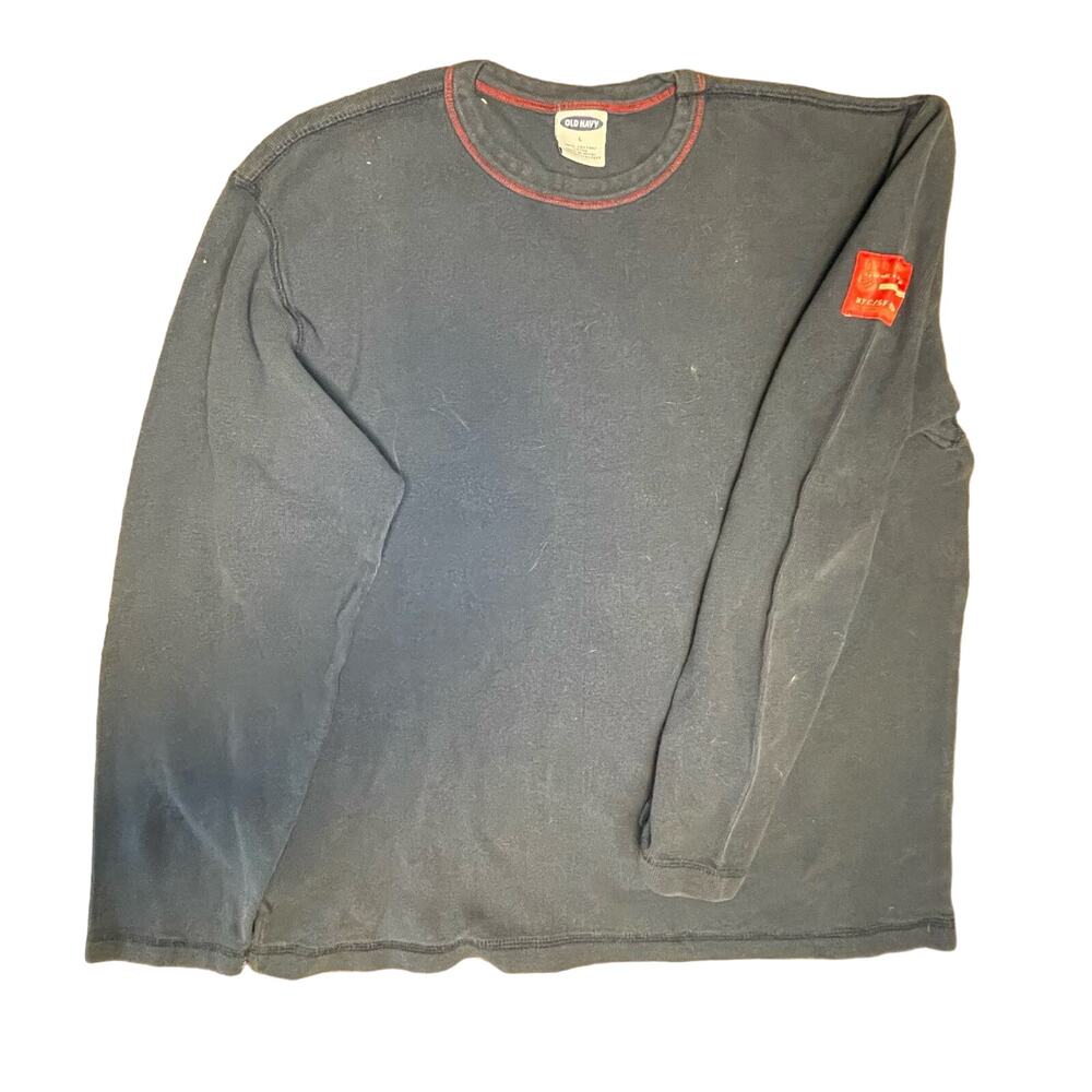 Old Navy Large Long Sleeve Blue Shirt with Red Patch on Left Arm 100% Cotton